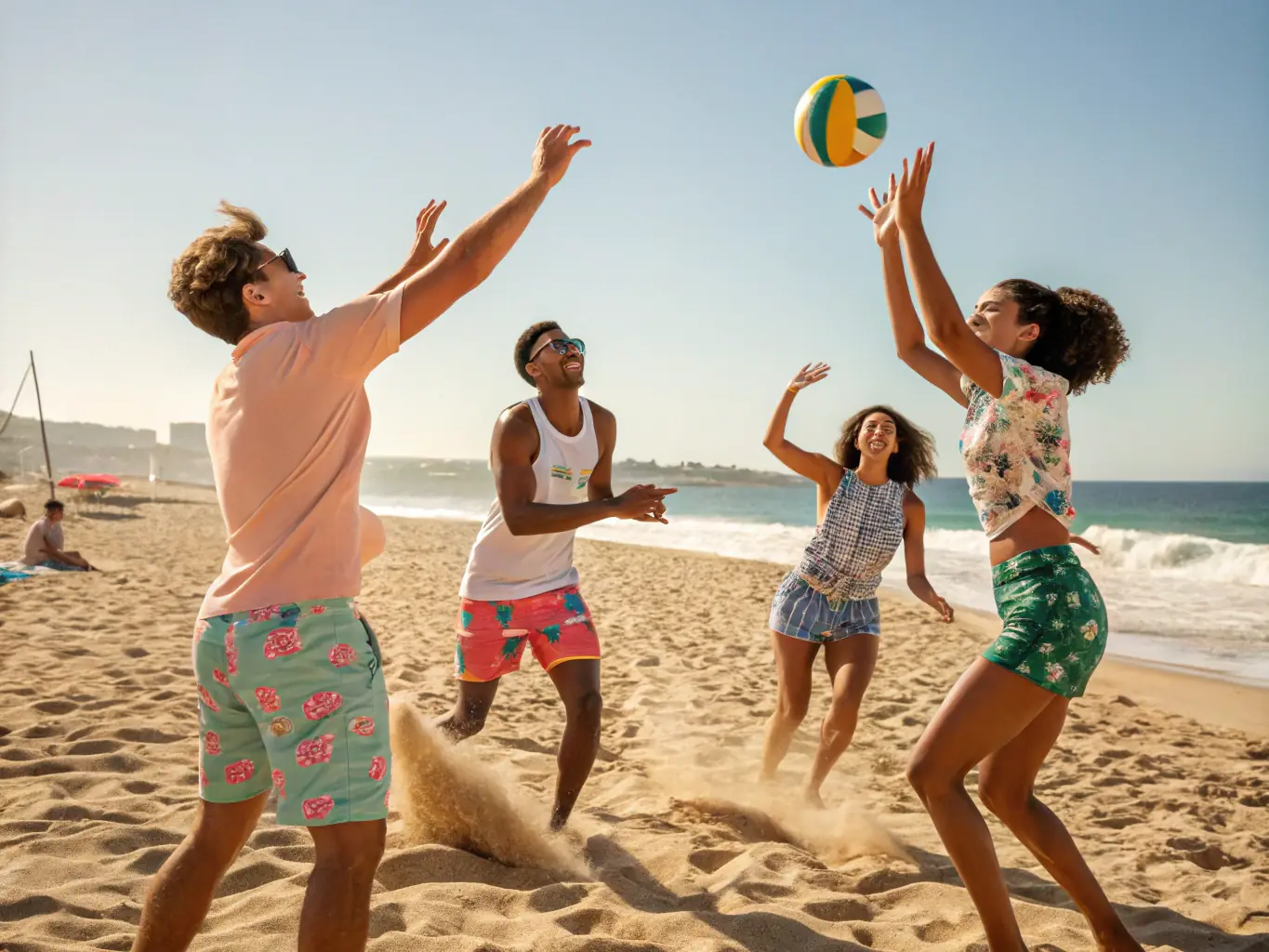 A photograph of adults playing volleyball on a sunny beach, representing ESPRIT SERRE-CHE's adult volleyball program.